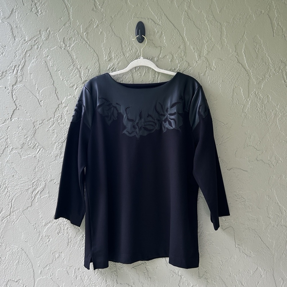 Chico's Women's XL Size 3 Black Faux Leather Neck Ponte Knit 3/4 Sleeves Top NWT